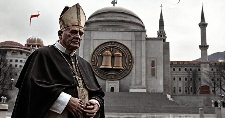 Scena "papieża" Leona XIV u grobowca Mustafy Kemala Atatürka w Turcji, symbolizująca synkretyzm i zdradę misji Kościoła