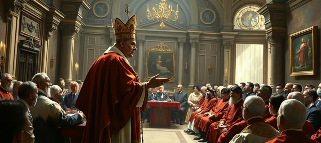 Leon XIV (Robert Prevost) w Papieskich Apartamentach otoczony tradycyjnymi elementami stroju papieskiego, głosząc kazanie do zgromadzenia. Scena odzwierciedla duchowe bankructwo i apostazję jego pontyfikatu.