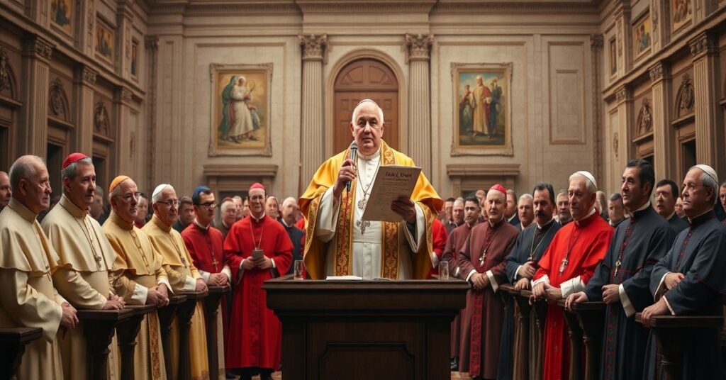 Portret "Papieża" Leona XIV (Roberta Prevosta) podczas sesji plenarnej Dykasterii Nauki Wiary w Watykanie.