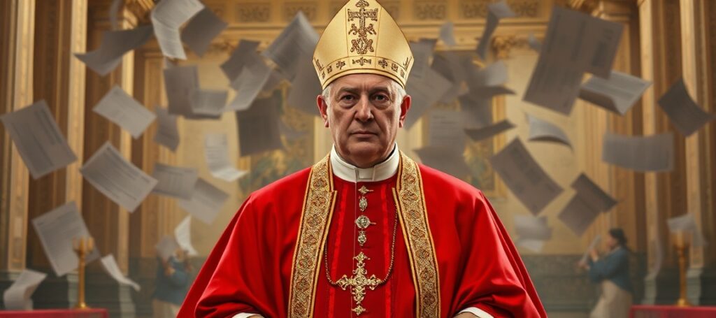 Obrázek przedstawiający Roberta Prevosta jako Leon XIV w tradycyjnym stroju papieskim na tle Watykanu. Na obrazie widoczne są chaos i korupcja wokół niego.