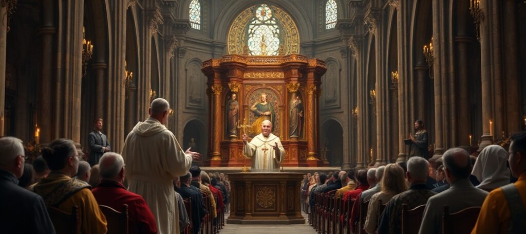 Uzurpator Leon XIV przemawia do uczestników ekumenicznej inicjatywy 'Thy Kingdom Come 2026' w ponurym kościele