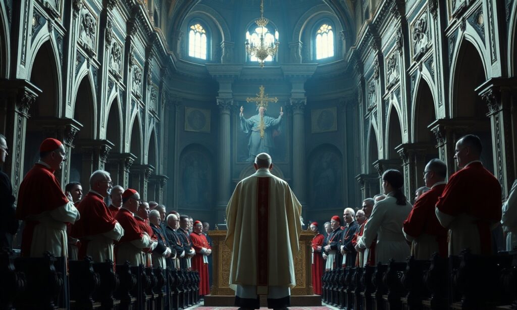Obraz przedstawia Leon XIV (Roberto Prevost) w katedrze, otoczonego przez kardynałów i duchownych podczas dyskusji na temat synodalności i herezji 'Evangelii Gaudium'.