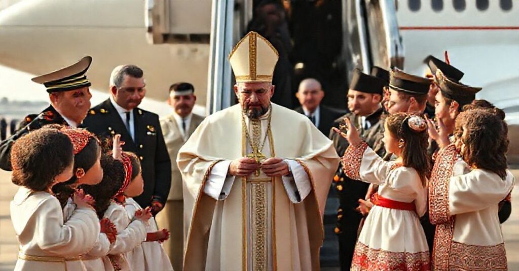 Obraz przedstawiający fałszywego "papieża" Leona XIV podczas kontrowersyjnej wizyty w Libanie, otoczonego przez rządowych urzędników i schizmatycznych hierarchów.