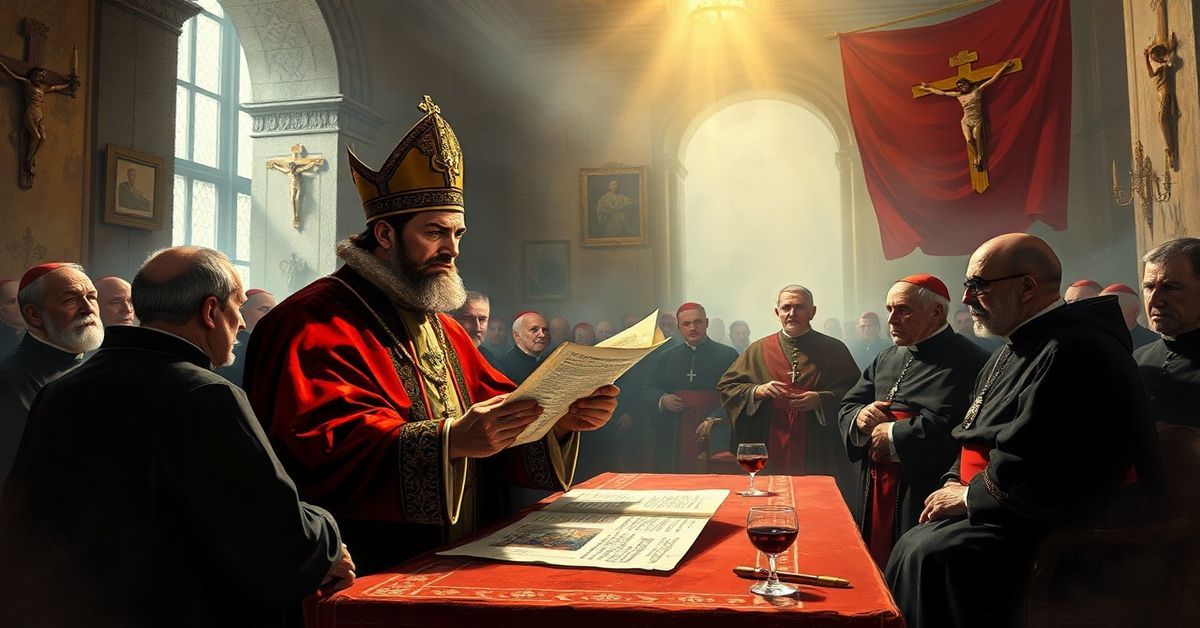 Obraz przedstawiający Leon XIV czytający modernistyczny list dla kardynałów w wątpliwej atmosferze Watykanu