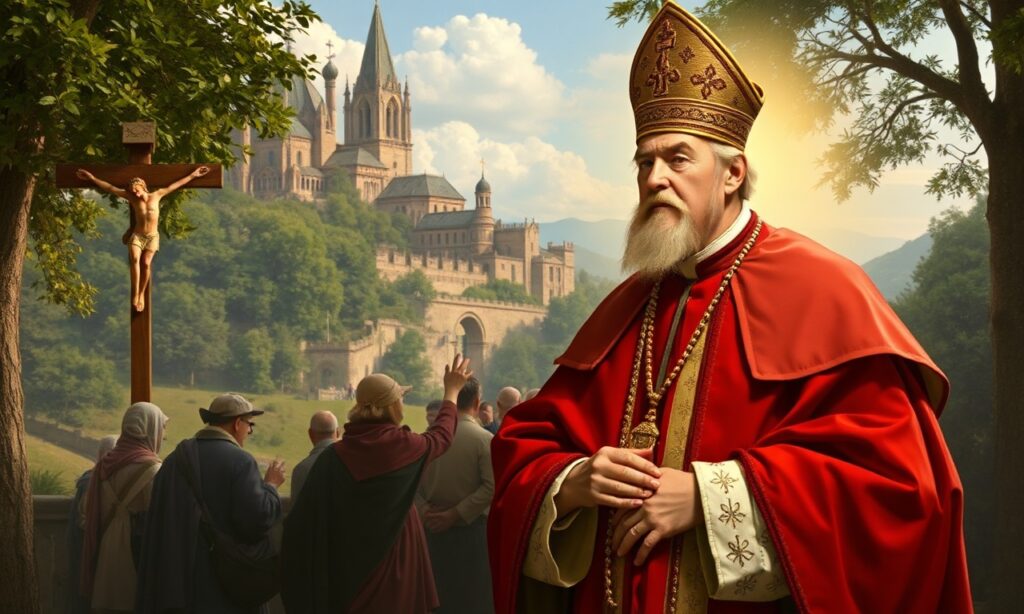 Obraz przedstawiający Leona XIV podczas pielgrzymki do sanktuarium maryjnego. Scena zawiera tradycyjne elementy katolickie, takie jak krzyż i różaniec. Leon XIV jest ubrany w szaty papieskie, ale z subtelnym wskazaniem na jego uzurpację.
