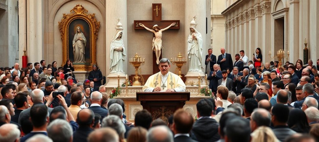 Zdjęcie przedstawiające Roberta Prevosta jako Leon XIV w Neapolu mówiącego o pokoju i sprawiedliwości społecznej