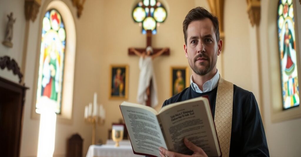 Matthew Grech stoi w tradycyjnym kościele katolickim, trzymając Biblię, symbolizując jego wznowienie wiary i walkę prawna na Malcie.