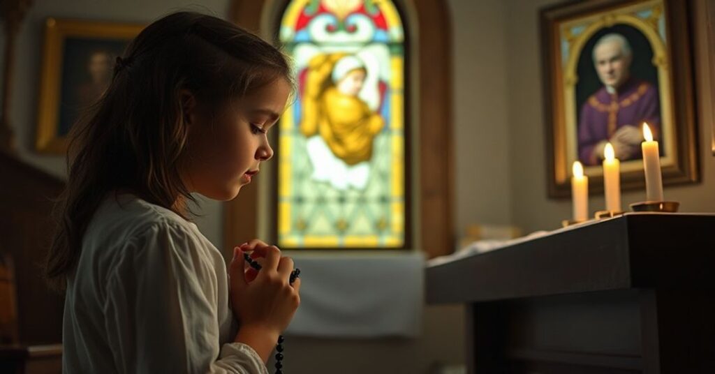 Młoda dziewczyna modli się w katolicyzmie przed ołtarzem z obrazem dziecka w łonie matki i portretem Piusa XI w tle
