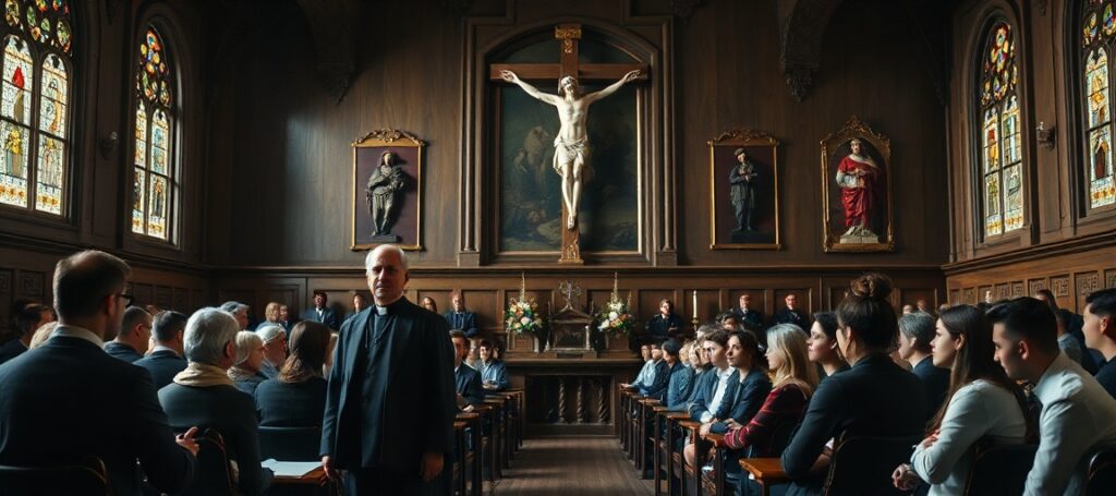 Sala wykładowa na katolickim uniwersytecie z profesorem w szacie liturgicznej i symbolami nauczania społecznego Kościoła.