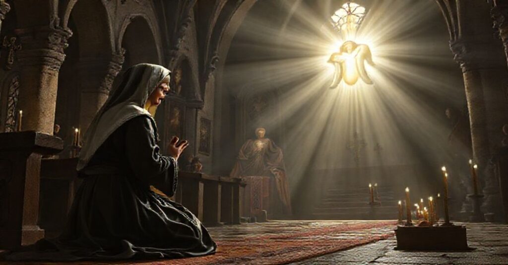 Obraz przedstawiający św. Małgorzatę Marię Alacoque w modlitwie przed obrazem Najświętszego Serca Jezusa w XVII-wiecznym Paray-le-Monial we Francji. Scena podkreśla głębię religijnego doświadczenia i tradycyjne wartości katolickie.