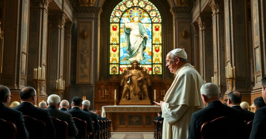 Obraz przedstawia "Papieża" Leona XIV w Bazylice Santa Maria Maggiore w Rzymie podczas przemówienia przeciwko polityce imigracyjnej Donalda Trumpa. Scena jest realistyczna i wzniosła.