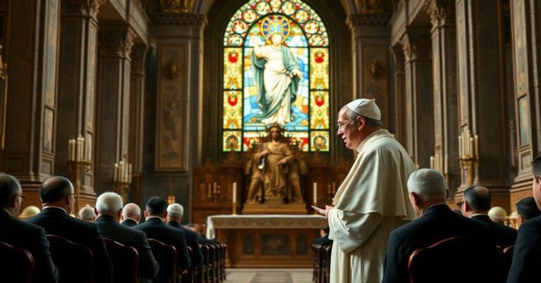 Obraz przedstawia "Papieża" Leona XIV w Bazylice Santa Maria Maggiore w Rzymie podczas przemówienia przeciwko polityce imigracyjnej Donalda Trumpa. Scena jest realistyczna i wzniosła.