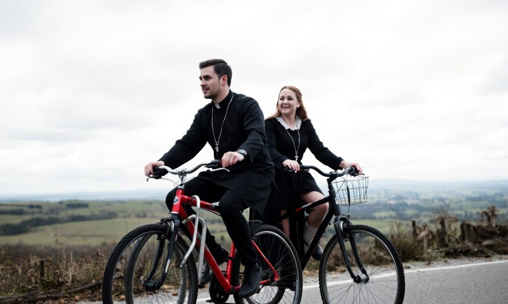 Obraz przedstawiający małżeństwo Michał i Ewelina podczas pielgrzymki rowerowej z Bydgoszczy do Santiago de Compostela. Scena jest poważna i czciwa, podkreślająca ich duchową podróż i dążenie do łaski sakramentalnej.