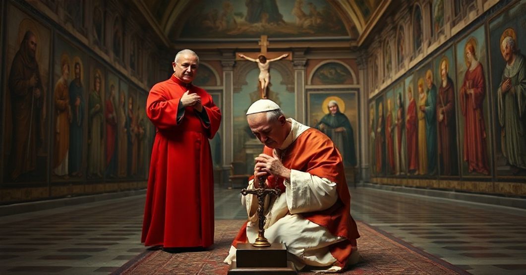 Sobór tradycyjny katolicki przedstawiający św. Franciszka z Asyżu w modlitwie przed krzyżem, z kardynałem w tle symbolizującym redukcję jego nauki do światowego humanizmu.