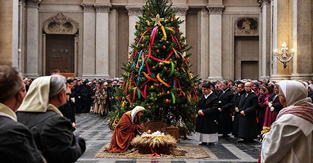 Scena w Watykanie przedstawiająca profanację tradycyjnych katolickich obrzędów Bożego Narodzenia z nieprawdziwą szopką i choinką.