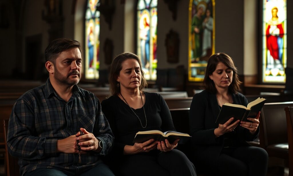 Obraz przedstawiający Radka, Magdalenę Izabelę i Karolinę Kownacką w tradycyjnym katolickim wnętrzu kościoła z ciemnym oświetleniem i kolorowym światłem z witraży. Trzej ludzie siedzą w ciszy i modlitwie.