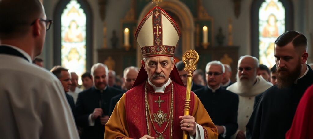 Obraz przedstawiający Stefana Wyszyńskiego podczas jego konsekracji biskupiej na Jasnej Górze z Matką Bożą Jasnogórską na herbie.
