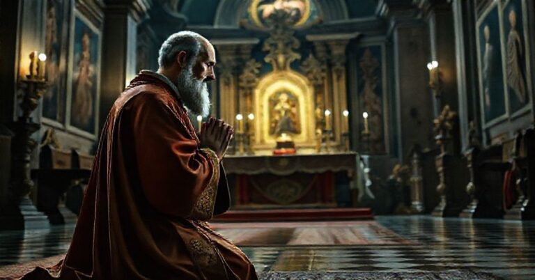 Św. Karol Boromeusz w modlitwie przed ołtarzem w tradycyjnym stroju liturgicznym