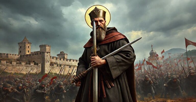 Tradycyjny rysunek św. Jana Kapistrana w habitach franciszkańskich z mieczem w róce wobec tureckiej inwazji na Belgrad