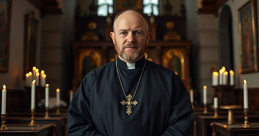 Portret św. Andrzeja Boboli w tradycyjnym habicie jezuitłskim, stojącego w historycznej kaplicy polskiej z poświęnymi ikonami i świecami.