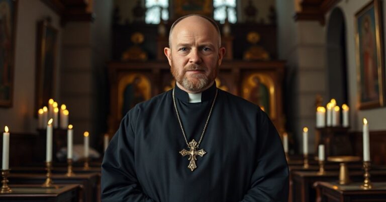 Portret św. Andrzeja Boboli w tradycyjnym habicie jezuitłskim, stojącego w historycznej kaplicy polskiej z poświęnymi ikonami i świecami.