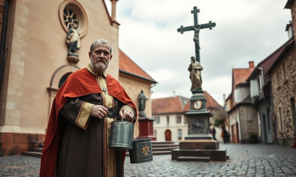 Obrázek przedstawiający św. Floriana z Lauriacum w tradycyjnym stroju z wiadrem wody przed kościołem katolickim z krzyżem i posągiem błogosławionego ks. Jerzego Popiełuszki.