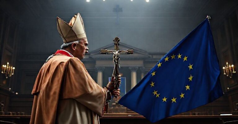 Katolicki biskup w tradycyjnych strojach stoi przed sądem polskim z krzyżem w ręku wobec rozpadającej się flagi Unii Europejskiej.