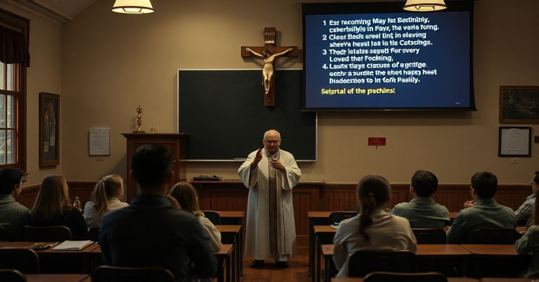 Zdjęcie przedstawia tradycyjną katolicką klasę z krzyżem i modlącymi się uczniami, kontrastującą z cyberskimi wiadomościami przemocy.