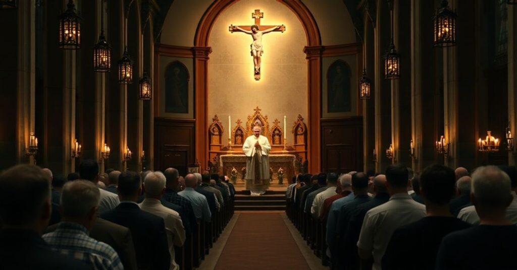 Traditionalna Msza św. w kościele katolickim z kapłanem celebrującym w łacinie i modlącymi się wiernymi.