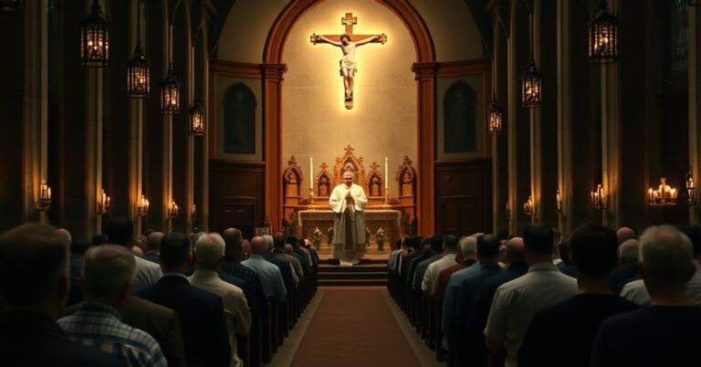 Traditionalna Msza św. w kościele katolickim z kapłanem celebrującym w łacinie i modlącymi się wiernymi.