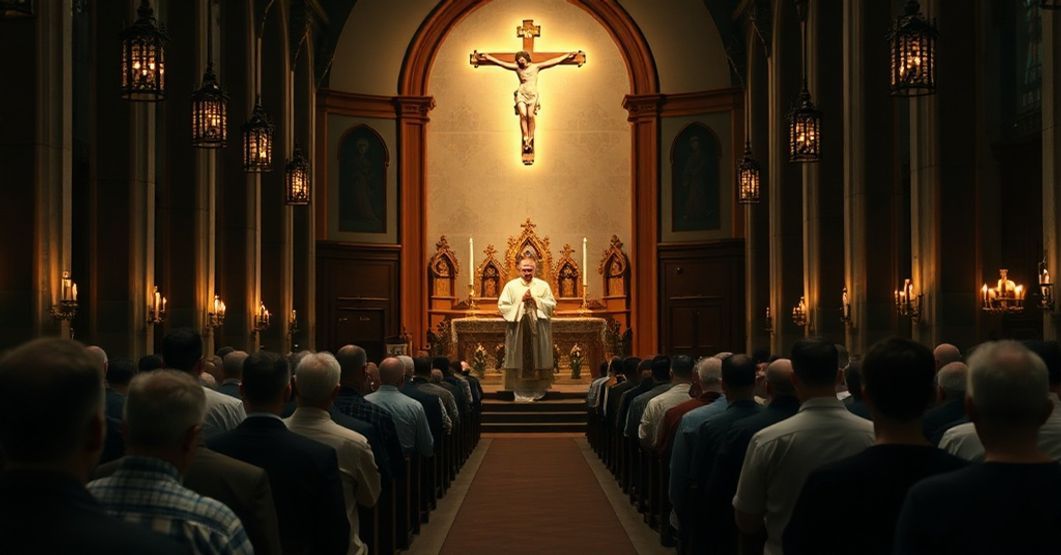 Traditionalna Msza św. w kościele katolickim z kapłanem celebrującym w łacinie i modlącymi się wiernymi.