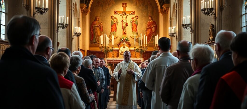 Grupa parafian w Rzepinie podczas tradycyjnej mszy w kościele z ołtarzem i tabernakulum