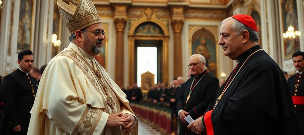 Wnętrze Watykanu z uzurpatorem 'Papieżem' Leonem XIV i ambasadorem Iranu Mohammad Hossein Mokhtar