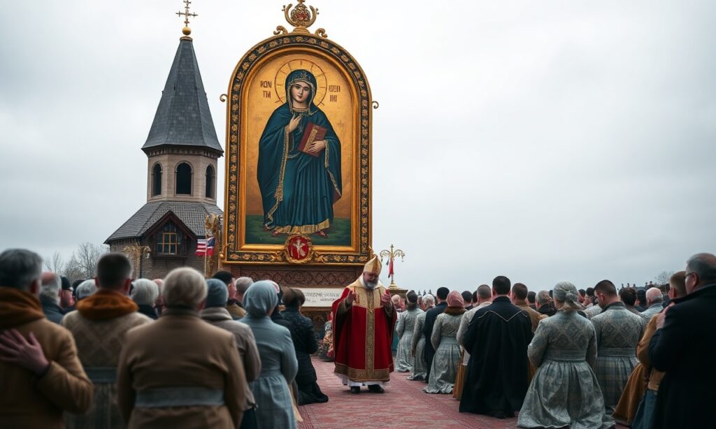 Obraz przedstawia uroczystości ku czci Najświętszej Maryi Panny Królowej Polski na Jasnej Górze z udziałem wiernych i biskupa w tradycyjnych szatach liturgicznych.
