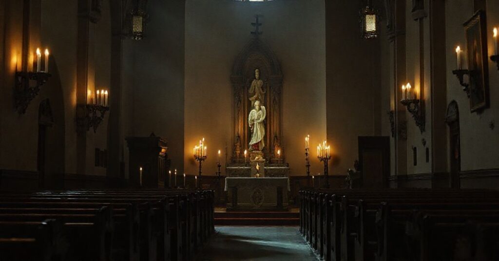 Pokojny wnętrze tradycyjnego kościoła z wygaszonymi świecami i statuą świętego, symbolizujące brak wymiaru nadprzyrodzonego w nowoczesnym modernizmie.