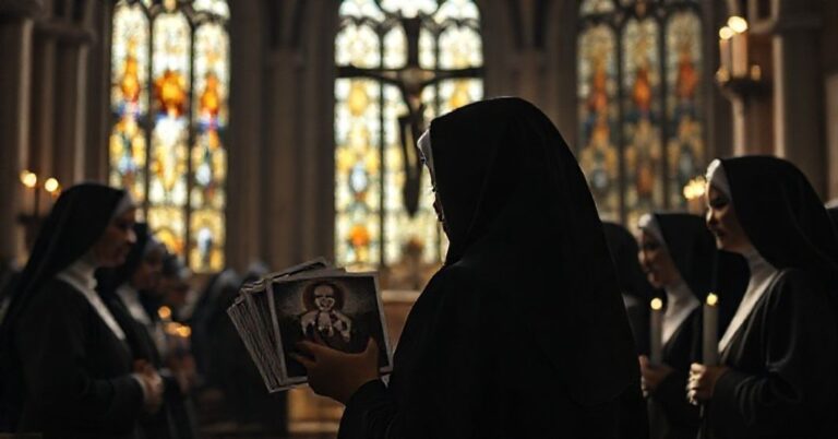 Grupa tradycyjnych zakonnic w pełnych habitach modli się w katedrze, podczas gdy w tle widnieje postac Abby Johnson z kartek bożonarodzeniowych przedstawiających Świętą Rodzinę, symbolizując kryzys teologiczny w nowoczesnej inicjatywie "pro-life".