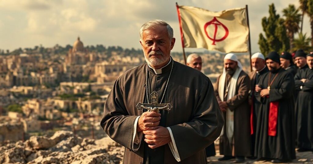 Katolicki ksiądz w tradycyjnych szatach stojący przed zniszczonym krajobrazem Jerozolimy z krzyżem symbolizującym konflikt między prawdą Bożą a ludzkim kompromisem