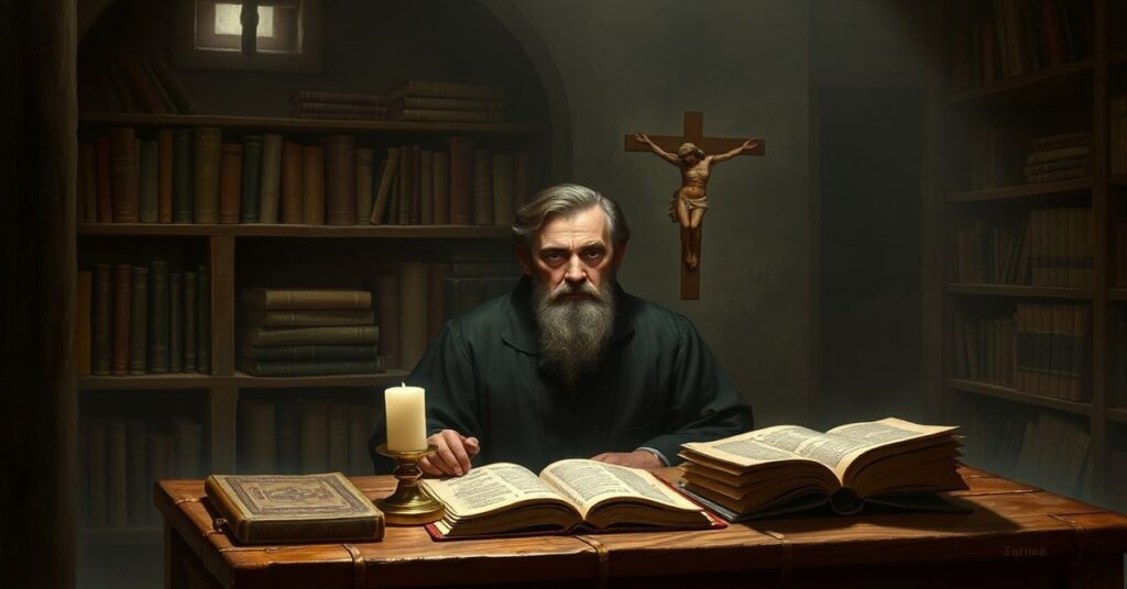 Abbé Faria w więzieniu z krzyżem i mszałem w tradycyjnym katolickim ujęciu.