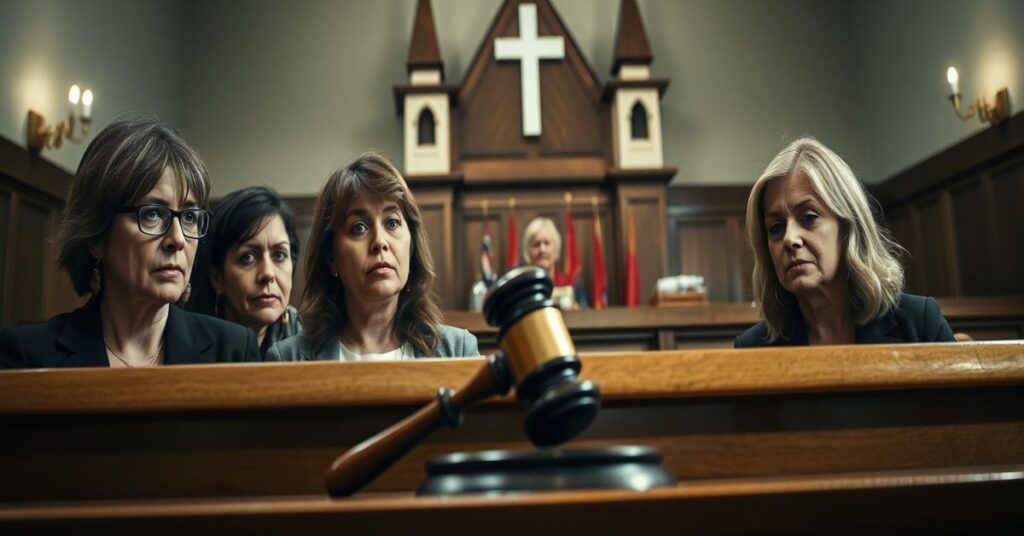 Scena sądowa w Missouri z kobietami opowiadającymi o skutkach aborcji przed tłem kościoła katolickiego