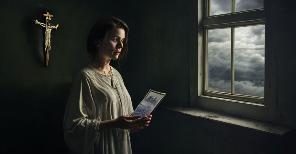 Zmieszana kobieta w ciemnym pokoju z krzyżem na ścianie trzyma zdjęcie ultrasonograficzne, wyrażając żal po aborcji z powodu rzekomego kryzysu klimatycznego.