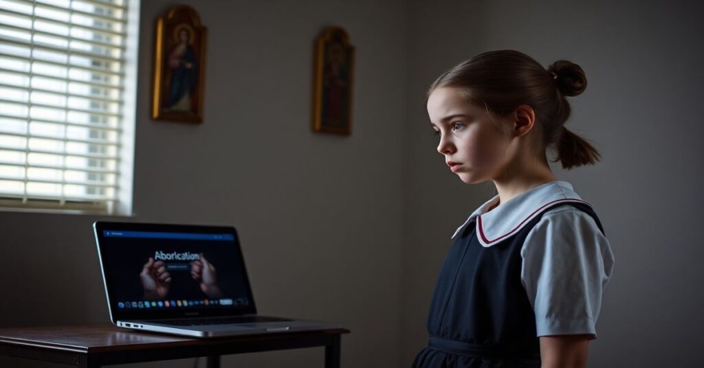Młoda dziewczyna w szkolnym mundurku stoi przy komputerze z widokiem portalu aborcji telemedycznej. Scena pełna smutku i braku duchowego przewodnictwa.