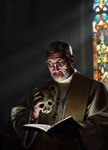 Aborcja jako zbrodnia przed Bogiem - sedewakantystyczne spojrzenie Biskup w tradycyjnych szatach liturgicznych czytający Biblię w ciemnym kościele za nim cienie dzieci zabitych przez aborcję