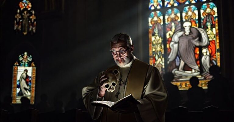 Biskup w tradycyjnych szatach liturgicznych czytający Biblię w ciemnym kościele za nim cienie dzieci zabitych przez aborcję