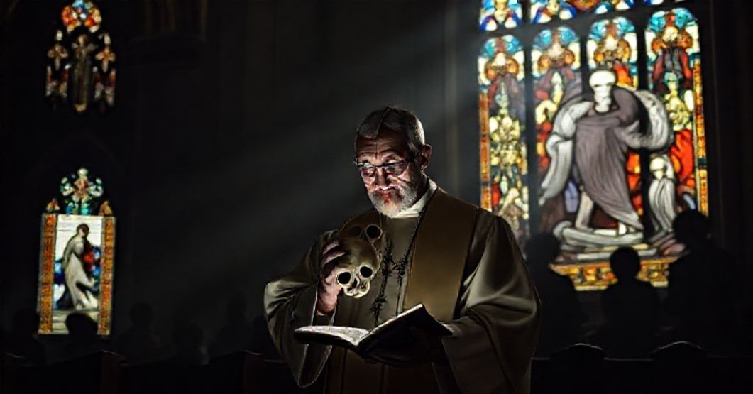 Biskup w tradycyjnych szatach liturgicznych czytający Biblię w ciemnym kościele za nim cienie dzieci zabitych przez aborcję