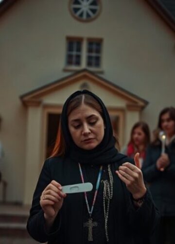 Aborcyjny Dream Team - morderstwo pod pozorem ochrony zdrowia Uroczysta scena katolicka przedstawiająca Justynę Wydrzyńską z Aborcyjnego Dream Teamu przed kliniką 'Abotak' w Warszawie, otoczoną przez aktywistów pro-life z różańcami i transparentami protestującymi przeciwko selektywnej aborcji.