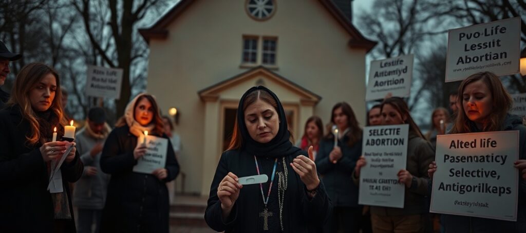 Uroczysta scena katolicka przedstawiająca Justynę Wydrzyńską z Aborcyjnego Dream Teamu przed kliniką 'Abotak' w Warszawie, otoczoną przez aktywistów pro-life z różańcami i transparentami protestującymi przeciwko selektywnej aborcji.