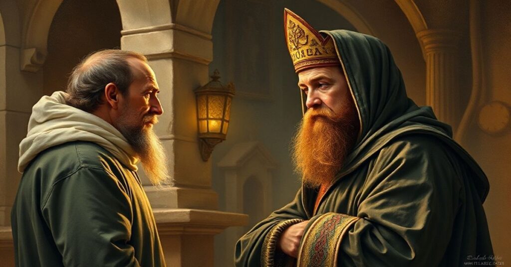 Arcybiskup Mirosław Adamczyk w szatach biskupich przed kościołem w Albanii symbolizującym herezję neokatolicyzmu