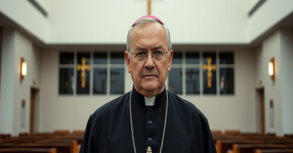 Portret Arcybiskupa Mirosława Adamczyka jako nuncjusza w Albanii w nowoczesnym kościelnym wnętrzu.