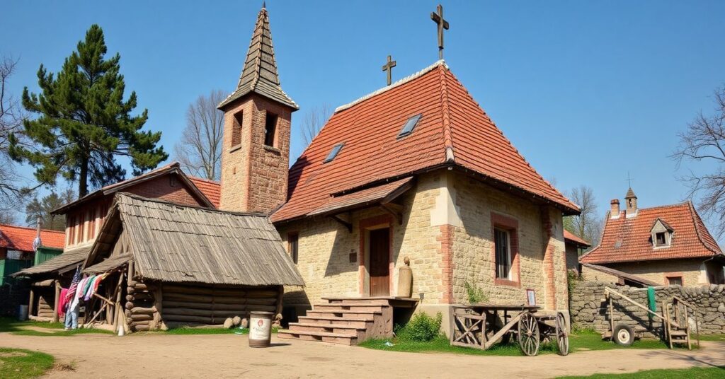 Abp. Anselm Pendo Lawani w tradycyjnym ornaty przed zniszczoną katolicką wioską w Nigerii.