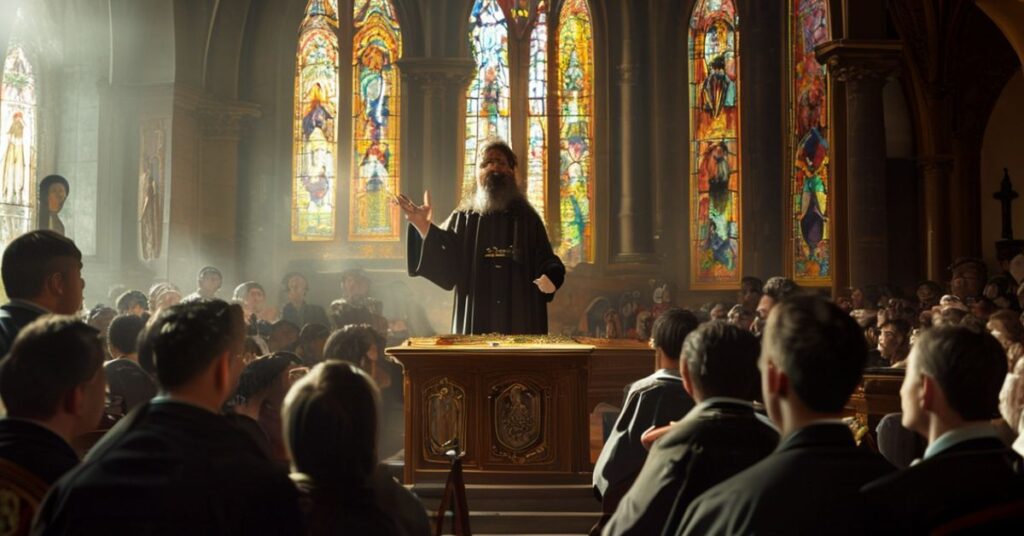 Zdjęcie przedstawiające „abp” Wacława Depo podczas kazania dla dziennikarzy w kaplicy Towarzystwa św. Pawła w Częstochowie w 2026 roku. Scena ukazuje konflikt między tradycyjną nauką katolicką a modernistycznymi odchyleniami.